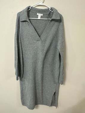 H&M Gray Fine-Knit Collared V-Neck Polo Sweater Mini Dress
